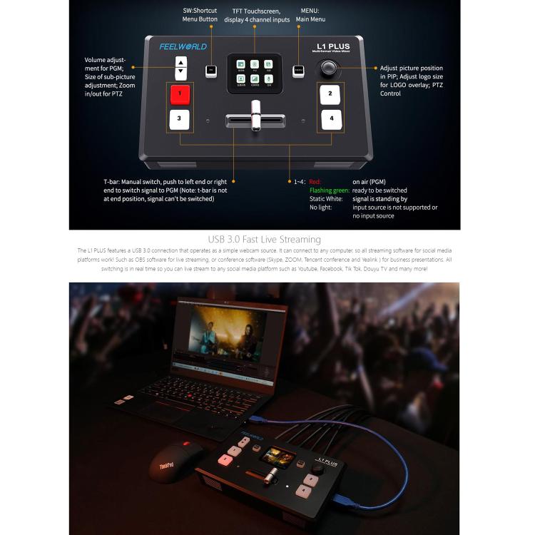 FEELWORLD L1 PLUS Multi-camera Video Mixer Switcher Touch Screen PTZ Control USB3.0 Fast Streaming Switcher (UK Plug) - Live Sound Effects Processors by FEELWORLD | Online Shopping UK | buy2fix