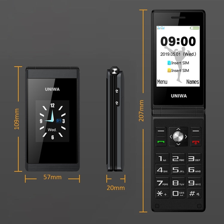 UNIWA X28 Dual-screen Flip Phone, 2.8 inch + 1.77 inch, MT6261D, Support Bluetooth, FM, SOS, GSM, Dual SIM(Black) - UNIWA by UNIWA | Online Shopping UK | buy2fix