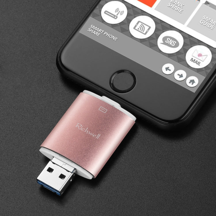 Richwell 3 in 1 16G Type-C + 8 Pin + USB 3.0 Metal Double Cover Push-pull Flash Disk with OTG Function(Rose Gold) - U Disk & Card Reader by Richwell | Online Shopping UK | buy2fix