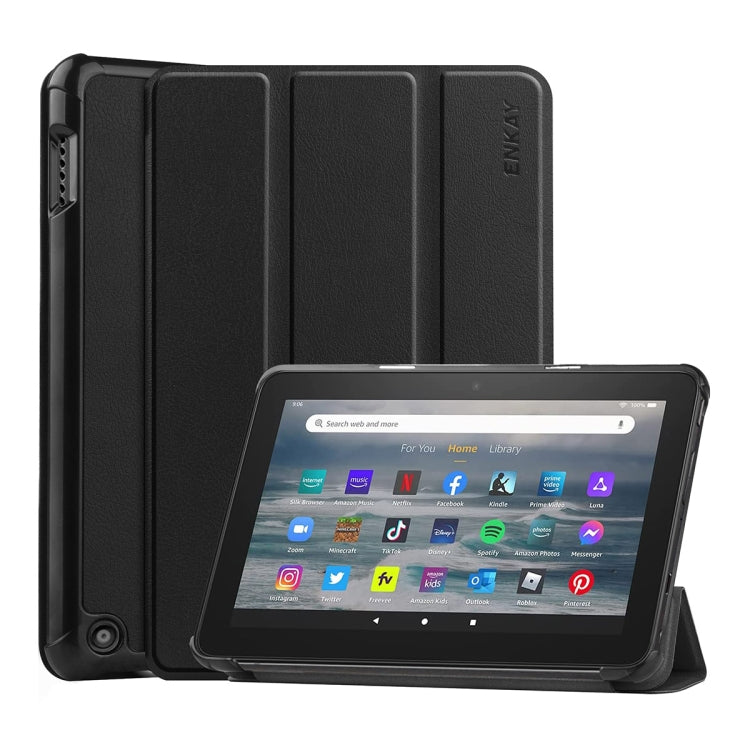 For Amazon Fire 7 12th 2022 ENKAY Smart Leather Tablet Case(Black) - Amazon by ENKAY | Online Shopping UK | buy2fix