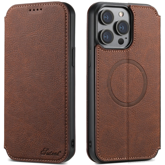 For iPhone 14 Plus Suteni J06 Retro Matte Litchi Texture Leather Magnetic Magsafe Phone Case(Brown) - iPhone 14 Plus Cases by Suteni | Online Shopping UK | buy2fix
