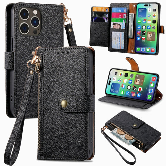 For iPhone 16 Pro Love Zipper Lanyard Leather Phone Case(Black) - iPhone 16 Pro Cases by buy2fix | Online Shopping UK | buy2fix