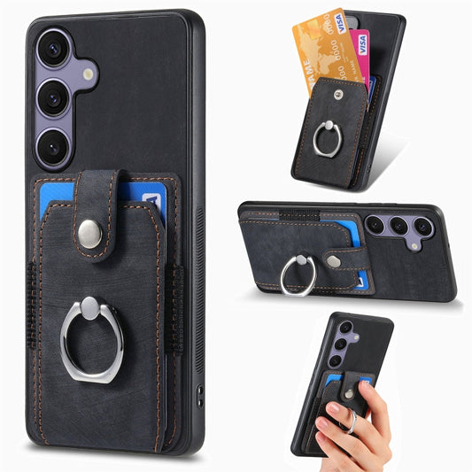 For Samsung Galaxy S25+ 5G Retro Skin-feel Ring Card Wallet Phone Case(Black) - Galaxy S25+ 5G Cases by buy2fix | Online Shopping UK | buy2fix