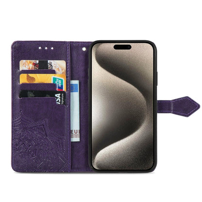 For iPhone 16 Pro Mandala Flower Embossed Leather Phone Case(Purple) - iPhone 16 Pro Cases by buy2fix | Online Shopping UK | buy2fix