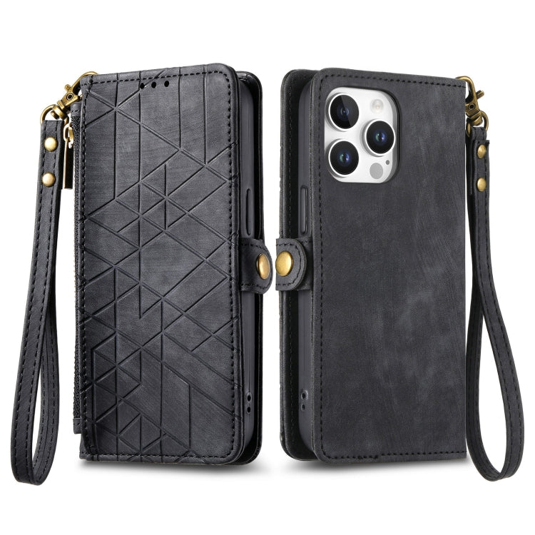 For iPhone 16 Pro Geometric Zipper Wallet Side Buckle Leather Phone Case(Black) - iPhone 16 Pro Cases by buy2fix | Online Shopping UK | buy2fix