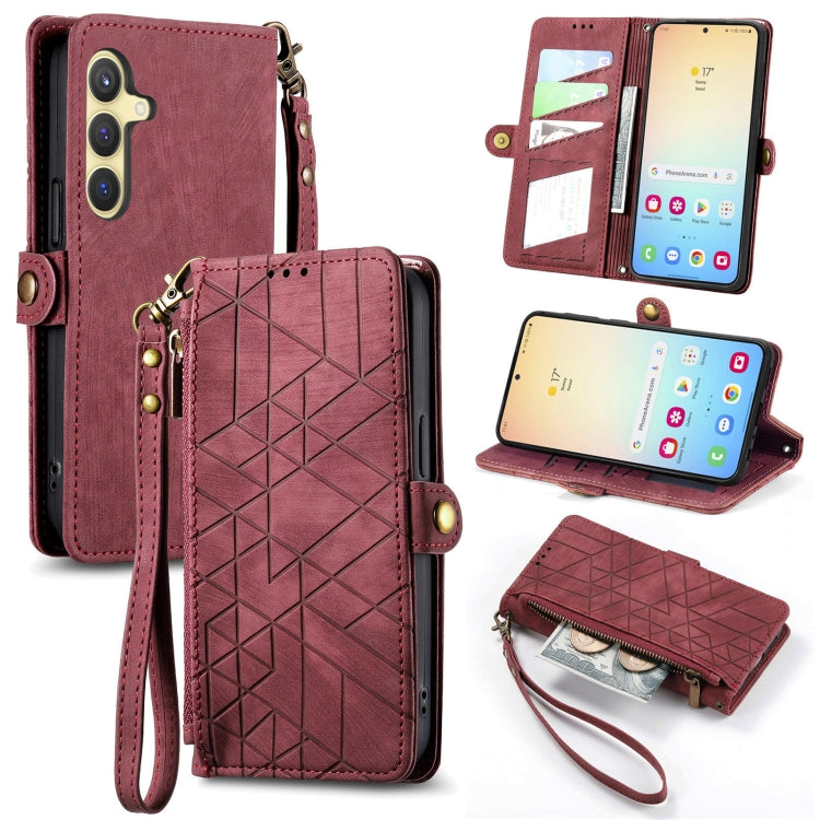 For Samsung Galaxy S25 5G Geometric Zipper Wallet Side Buckle Leather Phone Case(Red) - Galaxy S25 5G Cases by buy2fix | Online Shopping UK | buy2fix