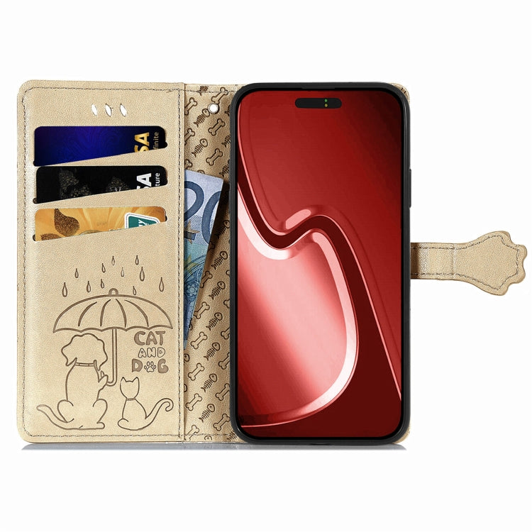 For iPhone 16 Pro Max Cat and Dog Embossed Leather Phone Case(Gold) - iPhone 16 Pro Max Cases by buy2fix | Online Shopping UK | buy2fix