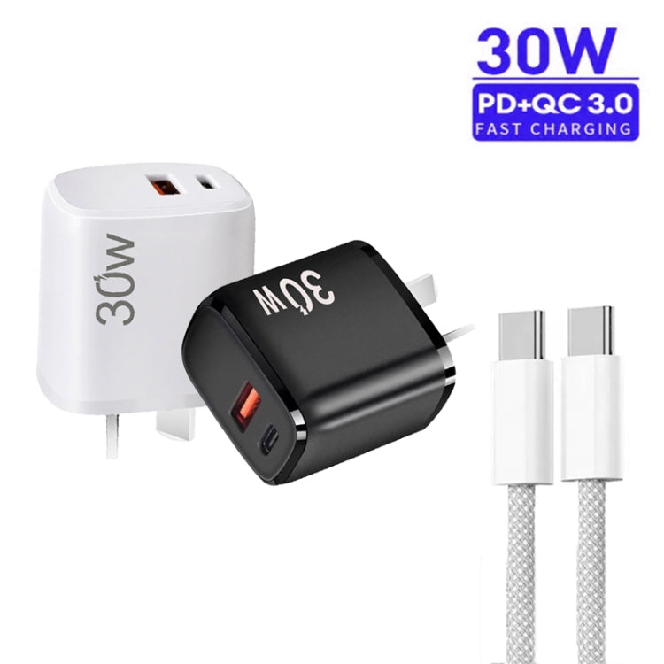PD30W USB-C / Type-C + QC3.0 USB Charger with 1m Type-C to Type-C Data Cable, AU Plug(White) - USB Charger by buy2fix | Online Shopping UK | buy2fix