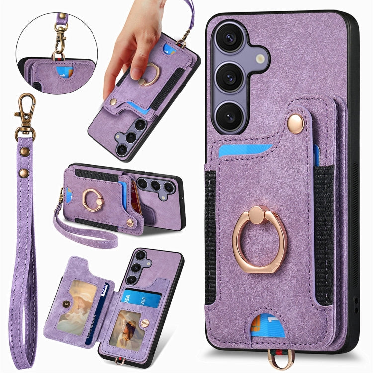 For Samsung Galaxy S25+ 5G Retro Skin-feel Ring Multi-card Wallet Phone Case(Purple) - Galaxy S25+ 5G Cases by buy2fix | Online Shopping UK | buy2fix