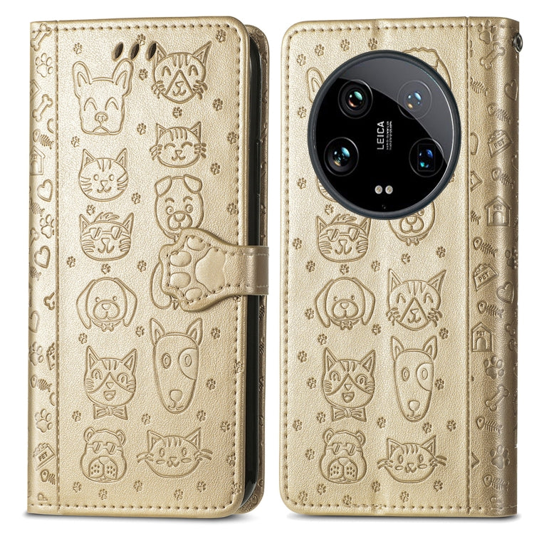 For Xiaomi 14 Ultra Cat and Dog Embossed Leather Phone Case(Gold) - 14 Ultra Cases by buy2fix | Online Shopping UK | buy2fix