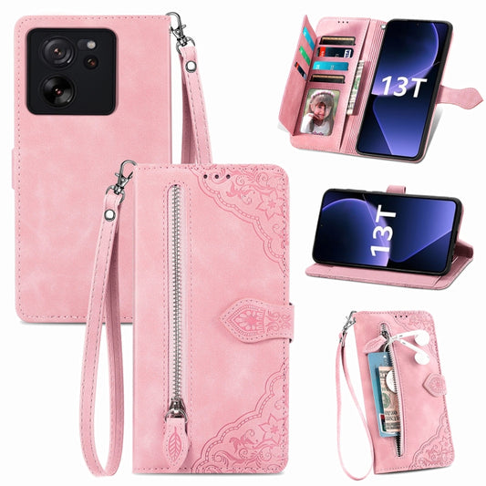 For Xiaomi 13T / 13T Pro Embossed Flower Zipper Leather Phone Case(Pink) - Note 13 Pro Cases by buy2fix | Online Shopping UK | buy2fix