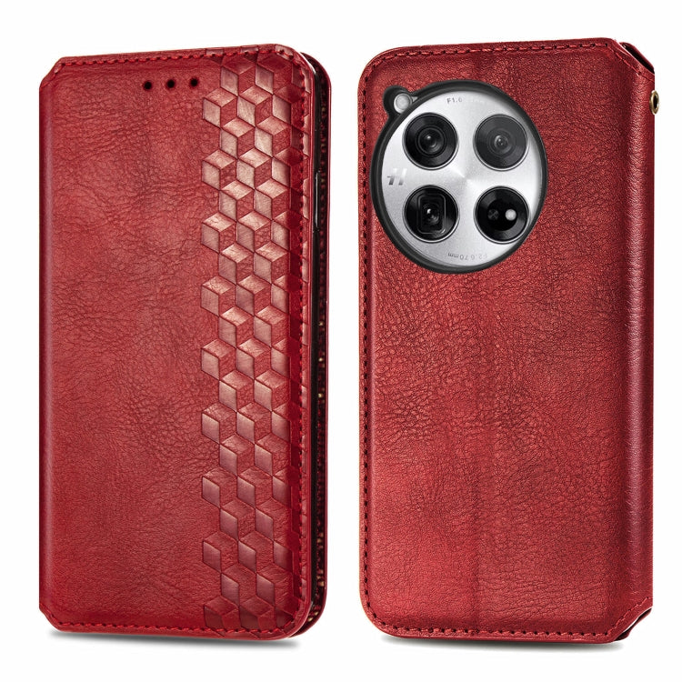 For OnePlus 12 Cubic Grid Pressed Magnetic Leather Phone Case(Red) - OnePlus Cases by buy2fix | Online Shopping UK | buy2fix