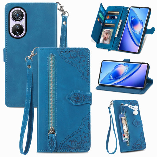 For Blackview A200 Pro Embossed Flower Zipper Leather Phone Case(Blue) - More Brand by buy2fix | Online Shopping UK | buy2fix