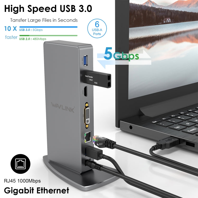 WAVLINK WL-UG39DK7 USB3.0 Hub Adapter Multi-Screen Graphics Card Universal Docking Station, Plug:UK Plug - USB HUB by WAVLINK | Online Shopping UK | buy2fix