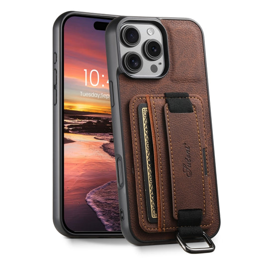 For iPhone 16 Pro Suteni H13 Litchi Leather Wrist Strap Wallet Back Phone Case(Brown) - iPhone 16 Pro Cases by Suteni | Online Shopping UK | buy2fix