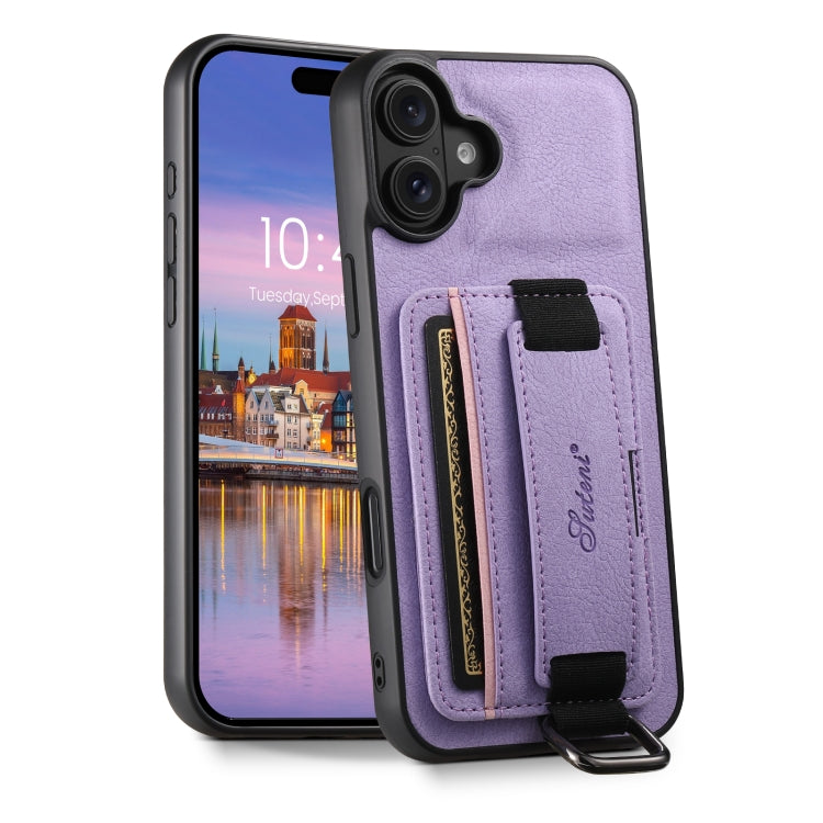 For iPhone 16 Suteni H13 Litchi Leather Wrist Strap Wallet Back Phone Case(Purple) - iPhone 16 Cases by Suteni | Online Shopping UK | buy2fix