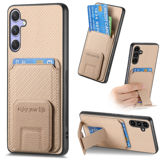 For Samsung Galaxy S25 Ultra 5G Carbon Fiber Card Bag Fold Stand Phone Case(Khaki) - Galaxy S25 Ultra 5G Cases by buy2fix | Online Shopping UK | buy2fix