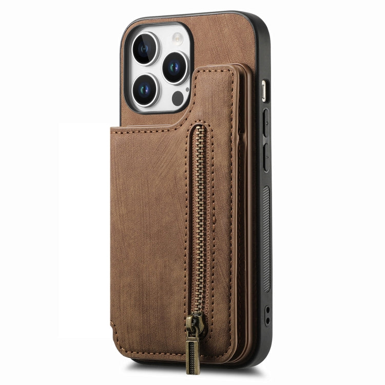 For iPhone 16 Pro Retro Leather Zipper Wallet Back Phone Case(Brown) - More iPhone Cases by buy2fix | Online Shopping UK | buy2fix