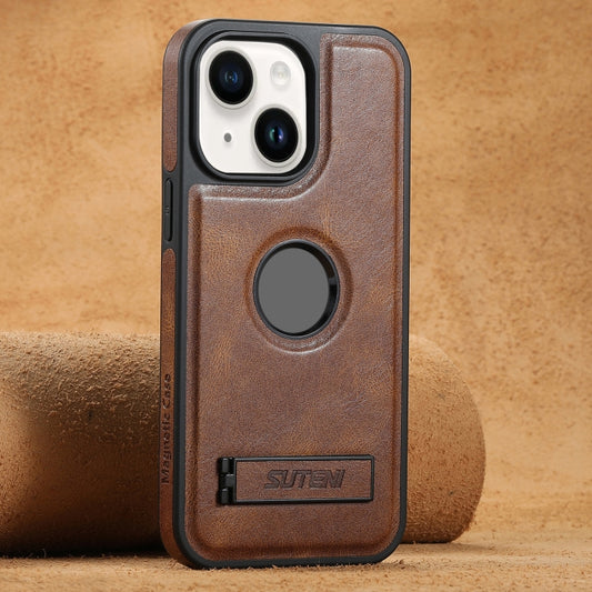 For iPhone 13 Suteni G2 Magsafe Oil Wax Leather Back Phone Case with Holder(Brown) - iPhone 13 Cases by Suteni | Online Shopping UK | buy2fix