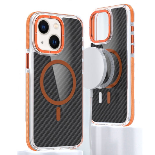 For iPhone 14 Plus Magsafe Dual-Color Carbon Fiber Phone Case(Orange) - iPhone 14 Plus Cases by buy2fix | Online Shopping UK | buy2fix