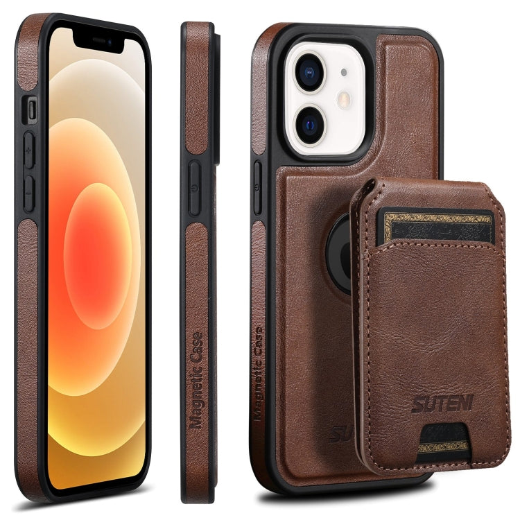 For iPhone 12  Suteni M2 Oil Wax MagSafe Horizontal Card Bag Phone Case(Brown) - iPhone 12 / 12 Pro Cases by Suteni | Online Shopping UK | buy2fix