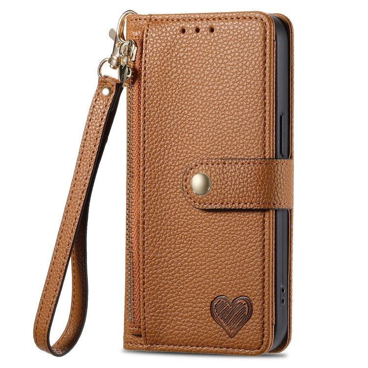 For Motorola Moto G Power 5G 2024 Love Zipper Lanyard Leather Phone Case(Brown) - Motorola Cases by buy2fix | Online Shopping UK | buy2fix