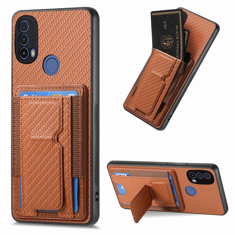 For Motorola Moto G Stylus 5G 2024 Carbon Fiber Fold Stand Elastic Card Bag Phone Case(Brown) - Motorola Cases by buy2fix | Online Shopping UK | buy2fix