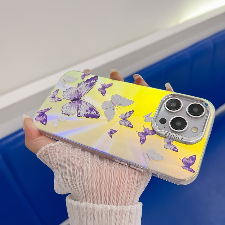 For iPhone 16 Electroplating Laser Butterfly Phone Case(White Purple Butterflies AB6) - iPhone 16 Cases by buy2fix | Online Shopping UK | buy2fix