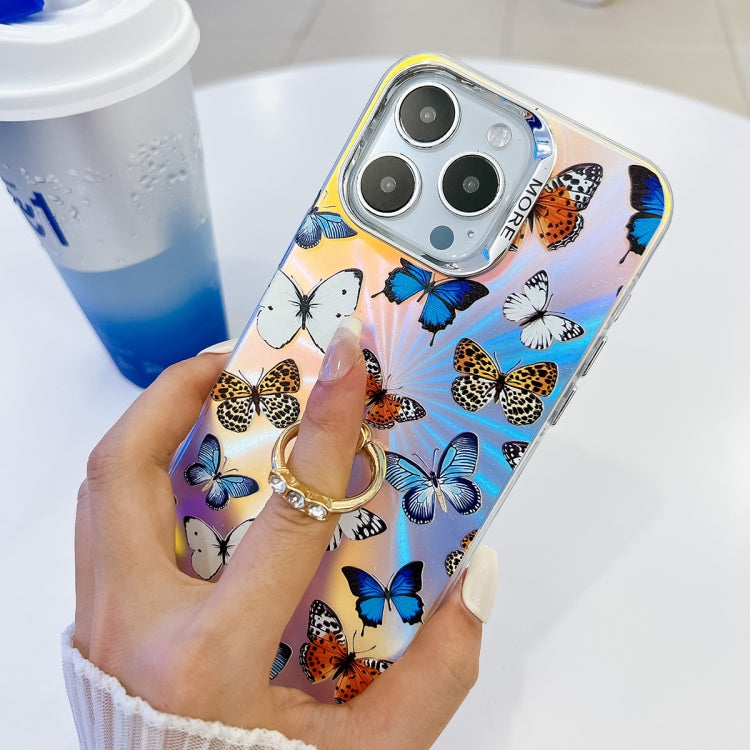 For iPhone 16 Electroplating Laser Butterfly Ring Holder Phone Case(White Purple Butterflies AB6) - iPhone 16 Cases by buy2fix | Online Shopping UK | buy2fix