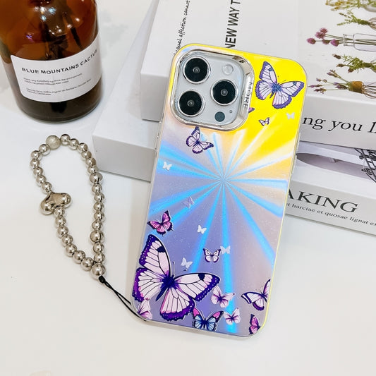 For iPhone 16 Pro Max Electroplating Laser Butterfly Phone Case with Wrist Strap(Purple Butterflies AB3) - iPhone 16 Pro Max Cases by buy2fix | Online Shopping UK | buy2fix