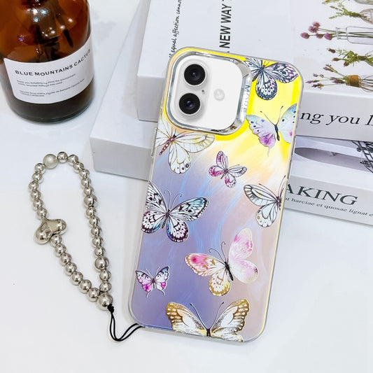 For iPhone 16 Electroplating Laser Butterfly Phone Case with Wrist Strap(Pink Butterflies AB2) - iPhone 16 Cases by buy2fix | Online Shopping UK | buy2fix