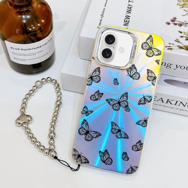 For iPhone 16 Electroplating Laser Butterfly Phone Case with Wrist Strap(Black Butterflies AB5) - iPhone 16 Cases by buy2fix | Online Shopping UK | buy2fix