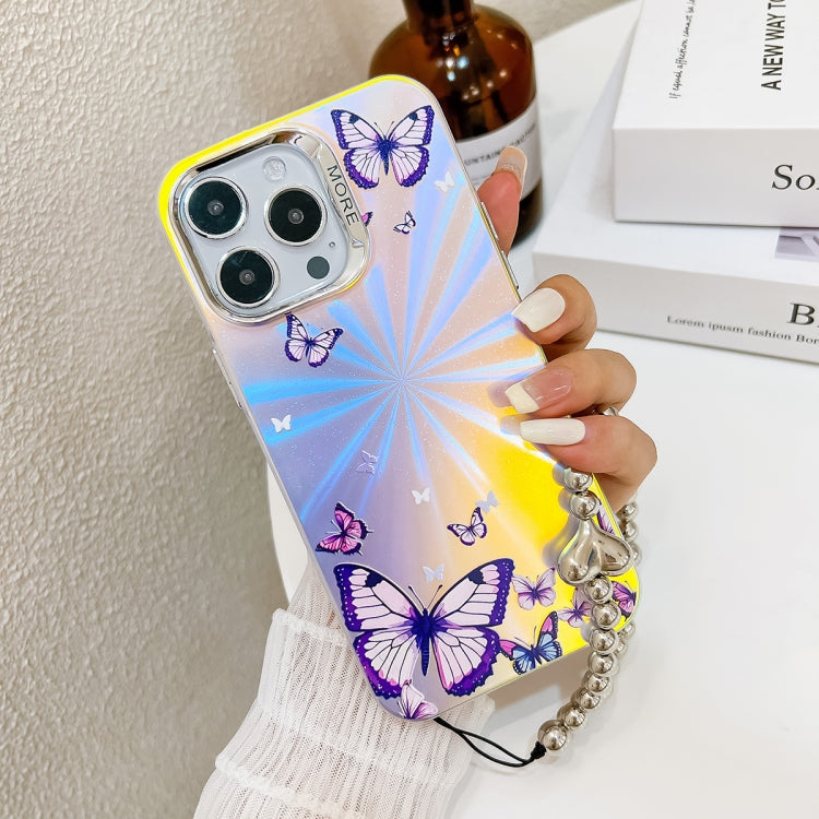 For iPhone 16 Electroplating Laser Butterfly Phone Case with Wrist Strap(White Purple Butterflies AB6) - iPhone 16 Cases by buy2fix | Online Shopping UK | buy2fix