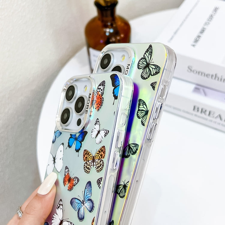 For iPhone 16 Electroplating Laser Butterfly Phone Case with Wrist Strap(White Purple Butterflies AB6) - iPhone 16 Cases by buy2fix | Online Shopping UK | buy2fix