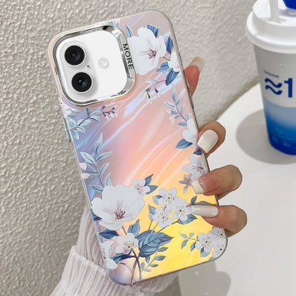 For iPhone 16 Plus Electroplating Laser Flower Texture TPU Phone Case(White Flower AH10) - iPhone 16 Plus Cases by buy2fix | Online Shopping UK | buy2fix