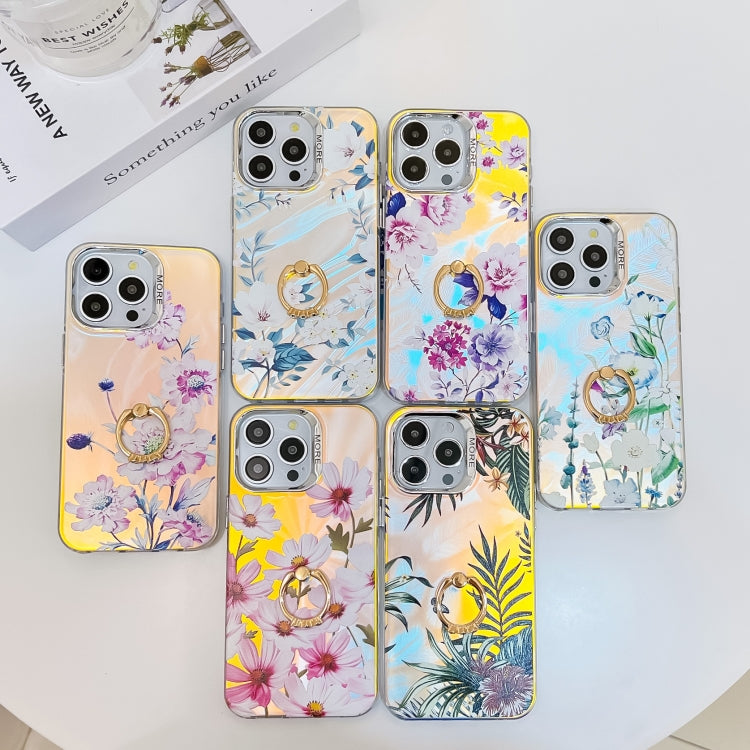 For iPhone 16 Electroplating Laser Flower Ring Holder TPU Phone Case(Chrysanthemum AH5) - iPhone 16 Cases by buy2fix | Online Shopping UK | buy2fix