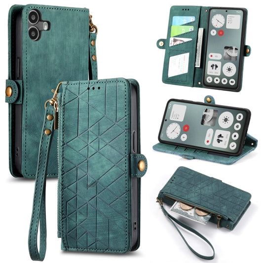 For Nothing CMF Phone 1 Geometric Zipper Wallet Side Buckle Leather Phone Case(Green) - More Brand by buy2fix | Online Shopping UK | buy2fix