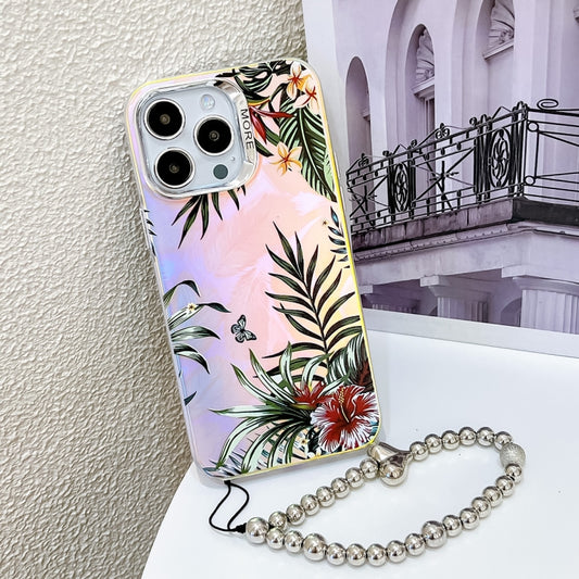 For iPhone 16 Pro Electroplating Laser Flower Phone Case with Wrist Strap(Leaves AH12) - iPhone 16 Pro Cases by buy2fix | Online Shopping UK | buy2fix