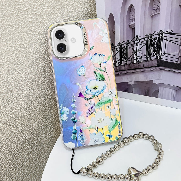 For iPhone 16 Plus Electroplating Laser Flower Phone Case with Wrist Strap(Blue Flower AH8) - iPhone 16 Plus Cases by buy2fix | Online Shopping UK | buy2fix