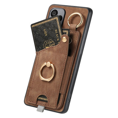 For OnePlus 12 5G Retro Skin-feel Ring Card Bag Phone Case with Hang Loop(Brown) - OnePlus Cases by buy2fix | Online Shopping UK | buy2fix