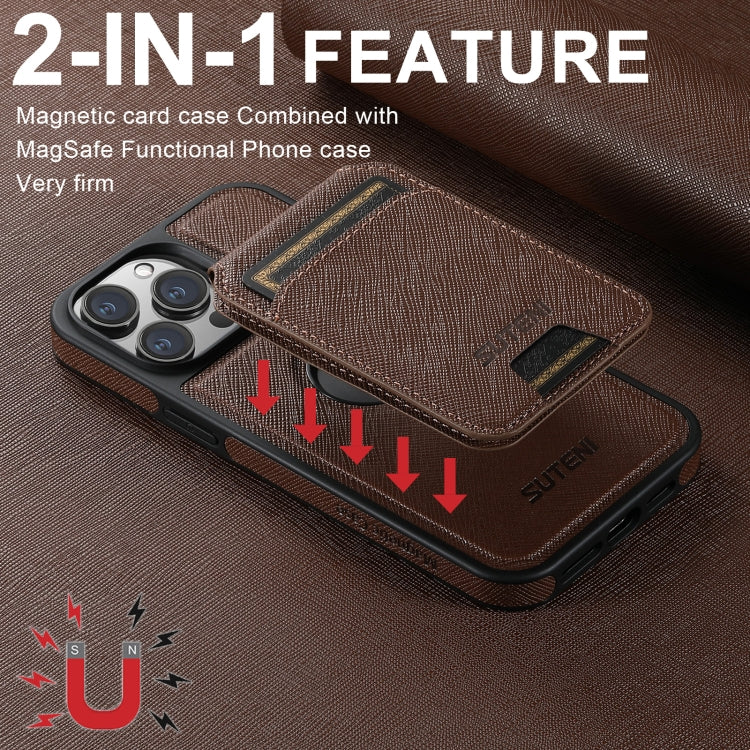 For iPhone 16 Suteni M2 Cross-Grain MagSafe Vertical Card Back Phone Case(Brown) - iPhone 16 Cases by Suteni | Online Shopping UK | buy2fix