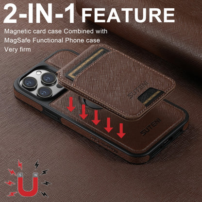 For iPhone 16 Plus Suteni M2 Cross-Grain MagSafe Vertical Card Back Phone Case(Brown) - iPhone 16 Plus Cases by Suteni | Online Shopping UK | buy2fix