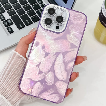 For iPhone 16 Pro Plating Glitter Texture TPU Phone Case with Lens Film(Purple Feathers) - iPhone 16 Pro Cases by buy2fix | Online Shopping UK | buy2fix