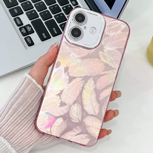 For iPhone 16 Plating Glitter Texture TPU Phone Case with Lens Film(Pink Feathers) - iPhone 16 Cases by buy2fix | Online Shopping UK | buy2fix