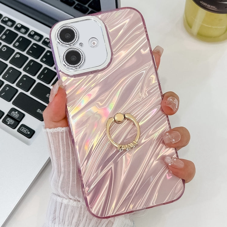 For iPhone 16 Plus Plating Glitter Texture Ring Holder TPU Phone Case with Lens Film(Pink Water Ripples) - iPhone 16 Plus Cases by buy2fix | Online Shopping UK | buy2fix