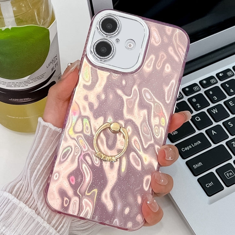 For iPhone 16 Plus Plating Glitter Texture Ring Holder TPU Phone Case with Lens Film(Pink Wrinkles) - iPhone 16 Plus Cases by buy2fix | Online Shopping UK | buy2fix