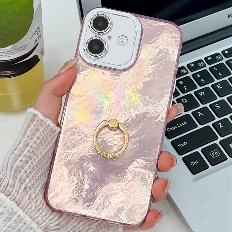 For iPhone 16 Plus Plating Glitter Texture Ring Holder TPU Phone Case with Lens Film(Pink Tinfoil Texture) - iPhone 16 Plus Cases by buy2fix | Online Shopping UK | buy2fix