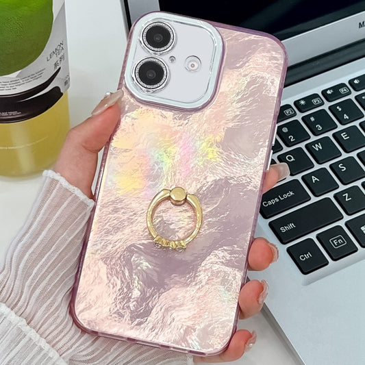 For iPhone 16 Plating Glitter Texture Ring Holder TPU Phone Case with Lens Film(Pink Tinfoil Texture) - iPhone 16 Cases by buy2fix | Online Shopping UK | buy2fix