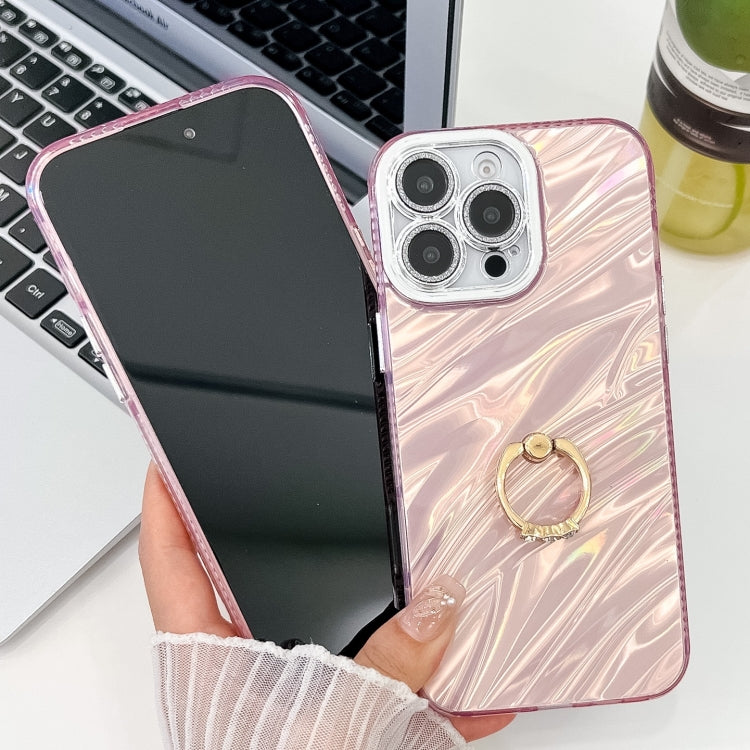 For iPhone 16 Plus Plating Glitter Texture Ring Holder TPU Phone Case with Lens Film(Pink Water Ripples) - iPhone 16 Plus Cases by buy2fix | Online Shopping UK | buy2fix