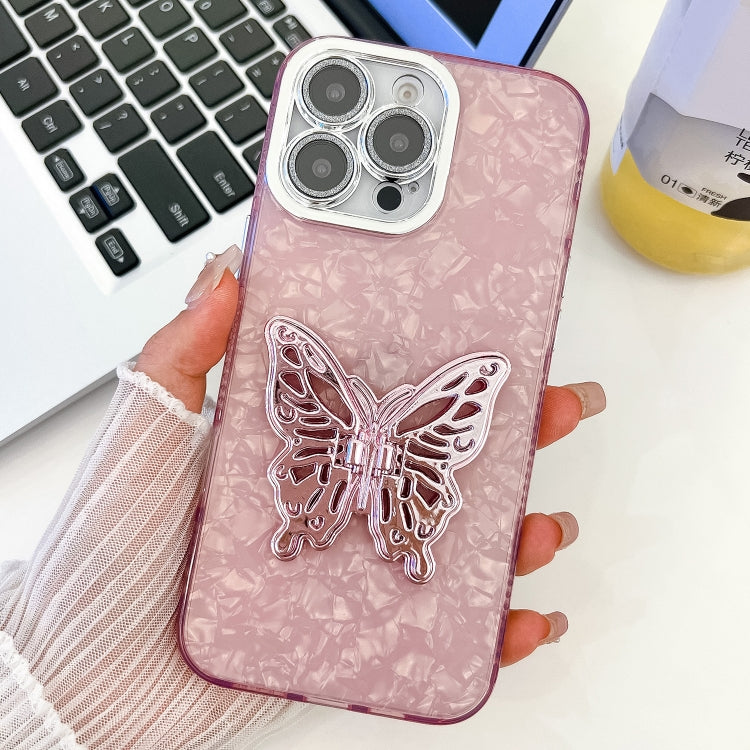 For iPhone 16 Pro Max Plating Glitter Texture Butterfly Holder TPU Phone Case with Lens Film(Pink Shell Pattern) - iPhone 16 Pro Max Cases by buy2fix | Online Shopping UK | buy2fix